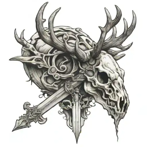 Elk Skull With Antlers And Sword Going Thru
