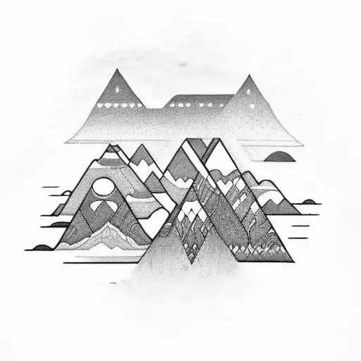 Incorporate Tribal Patterns Into A Black-grey Tattoo Of A Majestic Mountain Range
