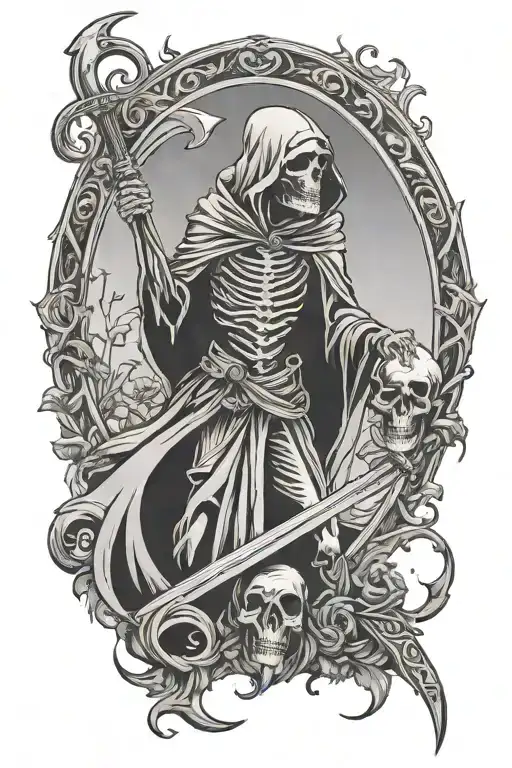 Grim Reaper Holding Scythe With Crow Sitting On Scythe And Momento Mori Written On Scythe