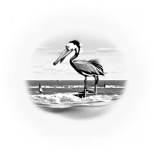 Beach Scene With A Pelican On A Pilon And A Dock