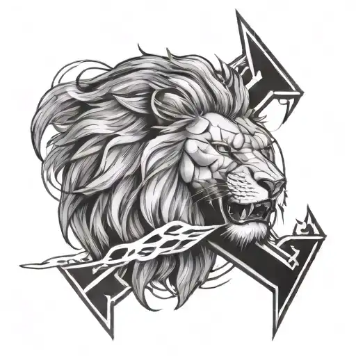 A Fierce Lion With A Cross And Lightning In Background