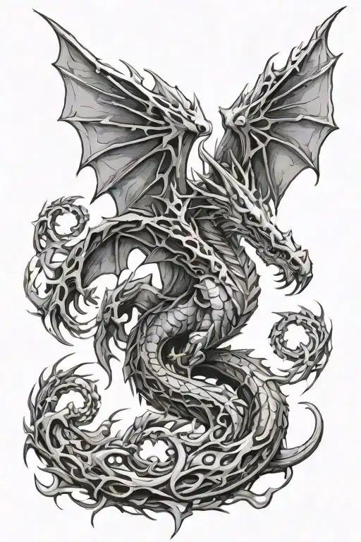 Incorporate Elements Of Greek Mythology Into A Tattoo Of A Cybernetic Dragon In A Black-grey Style