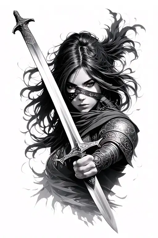Female Warrior Wielding A Sword Covering Her Face