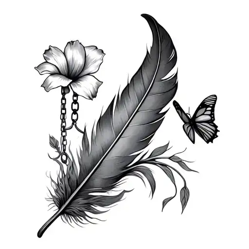 A Slightly Bent Feather Tied Using Hanging Chain With A Flower And A Butterfly Flying