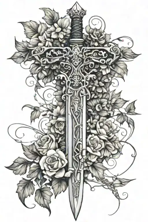 A Shattered Sword With Ivy Wrapping Around It With Flowers