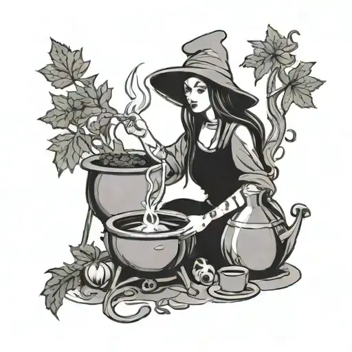 A Witch Brewing A Magical Potion With Weed Leaves And Food Ingredients In Her Cauldron