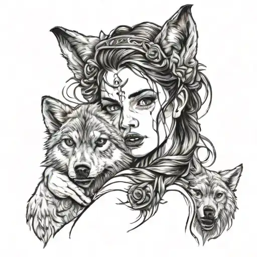 Portrait Of Woman Holding Two Daughters In Her Arms With A Snarling Wolf Head On Her Head