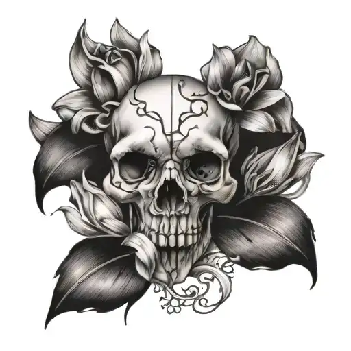 Black And White Tattoo Of A New School Dog Skull Surrounded By Lilies
