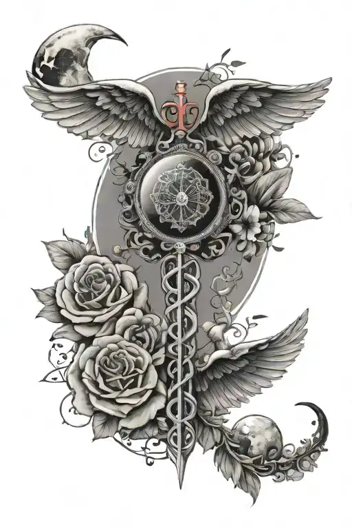 Fine Line Nurse Caduceus Symbol Detailed Wings Moon Phases And Florals