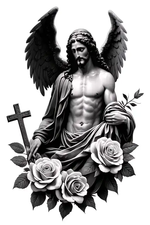 Jesus With Angel With Roses With Cross