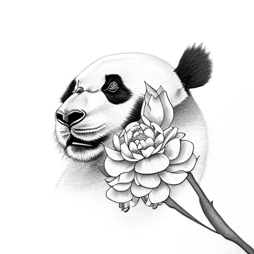 Panda With Bambus And Peonies