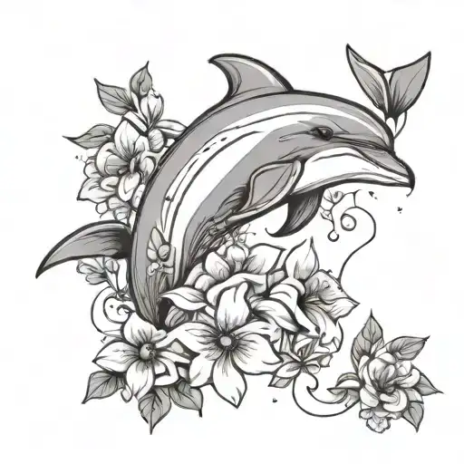 Dolphin And Flowers Minimalist Fine Line