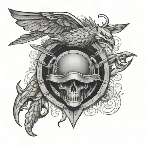 Intricate Black And Grey Helldiver Emblem On Chest