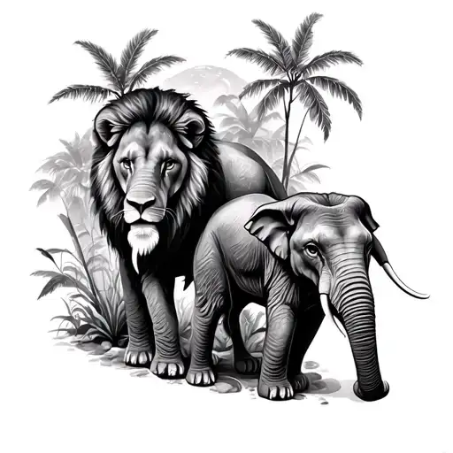 Elephant And Lion In A Jungle