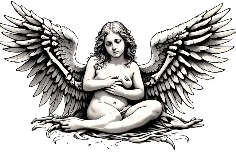 An Angel In The Fetal Position With One Full Wing And One Wing Made Of Bones