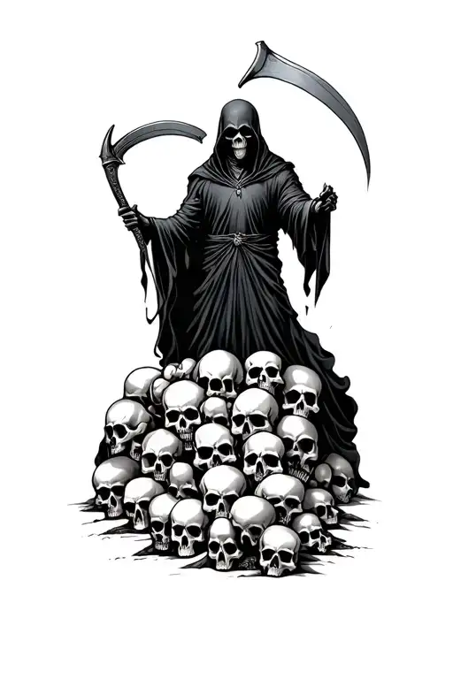 Grim Reaper With Scythe On A Pile Of Skulls
