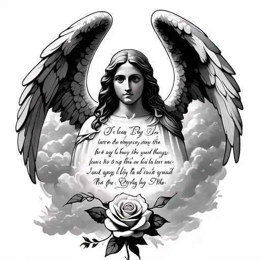 Rose At Wrist Stone Angel Above With Clouds Around It And A Bible Verse