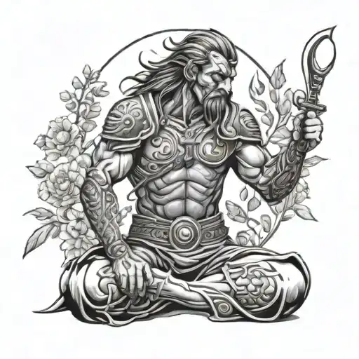 Warrior Sitting Crosslegged In A Garden