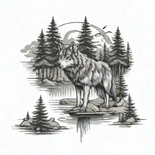 Nature Scene Featuring Wolf And Trees And River