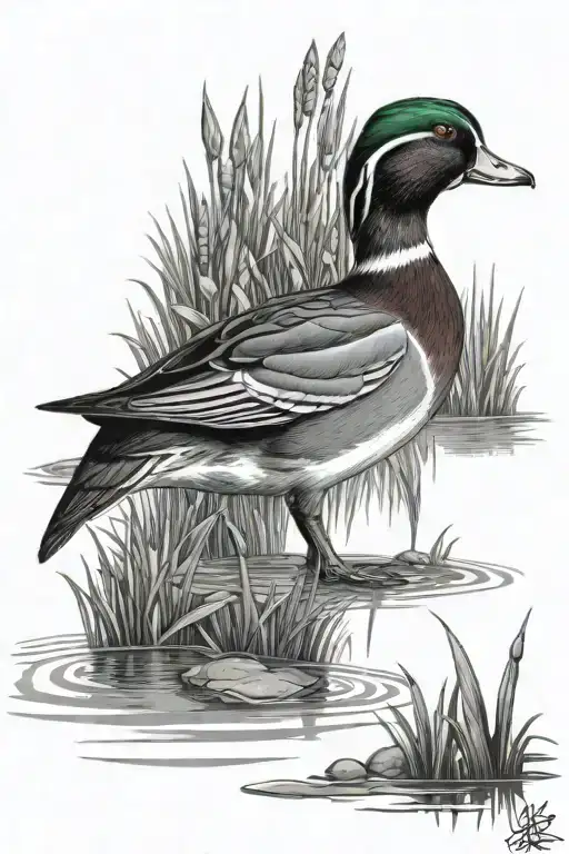 A Wood Duck Swimming In A Swamp With Cattails In The Background