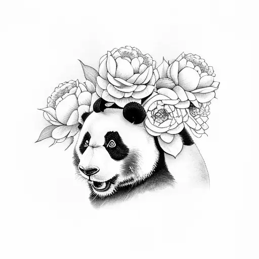 Panda With Peonies And Bambus