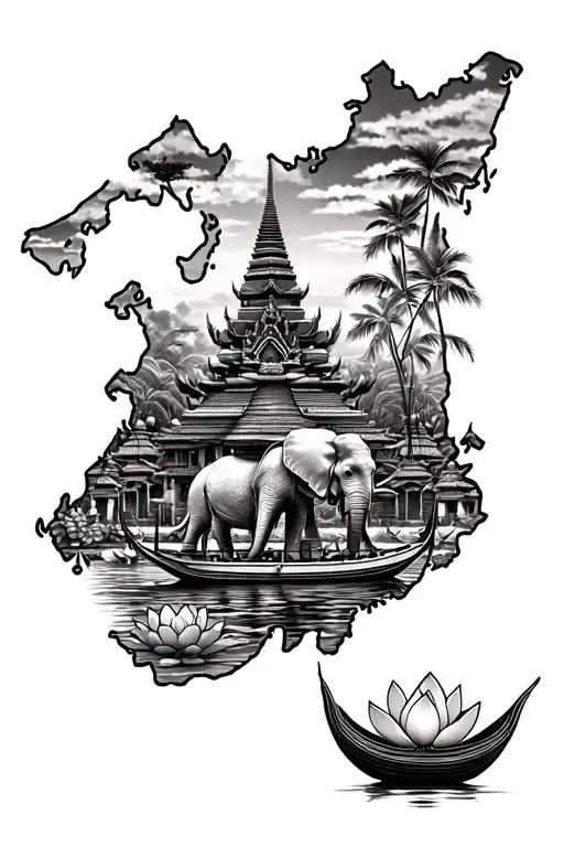 Map Of Thailand With A Longtail Boat And Elephant And Temple And Lotus Inside The Map