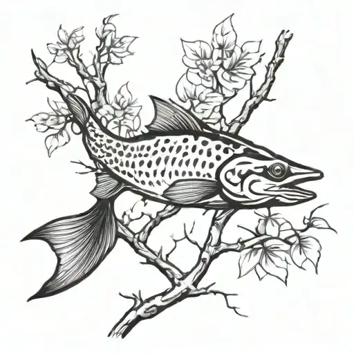 Red Cardnial On Tree With Catfish Swimming