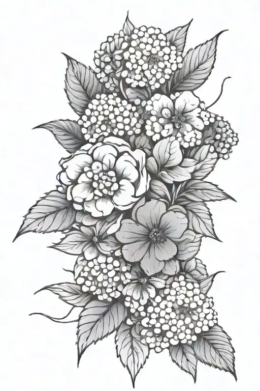 A Fine Line Style Bouquet Of Hydrangeas And Little Strawberries On Stems Within The Bouquet