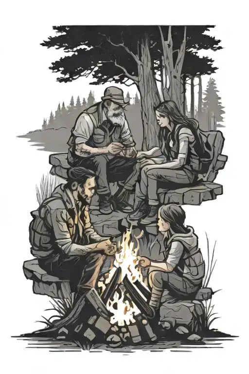 A Father And Two Daughters Sitting Around A Campfire In The Woods