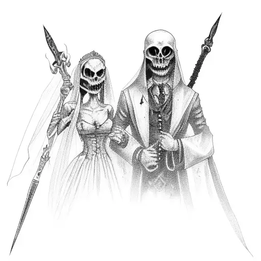 Undead Wedding Couple Holding Daggers Behind Their Backs