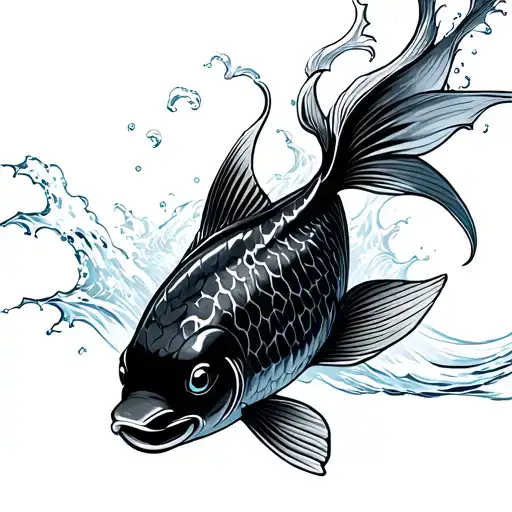 A Single Black Koi Fish That Floats Powerfully Through Stylized Water Waves As If It Were A Wa