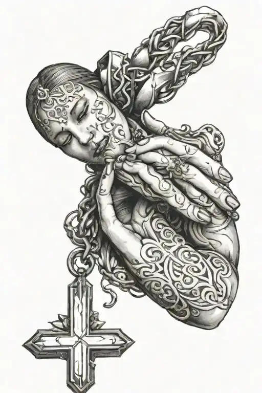 Woman Praying With Cross Necklace Wrapped Around Hand Simple