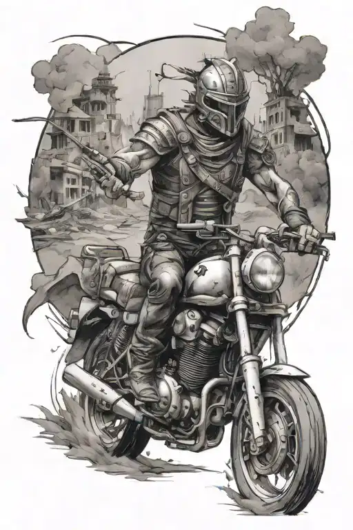 Design A Tattoo Of A Fierce Warrior Riding A Motorcycle Through A Post-apocalyptic Landscape