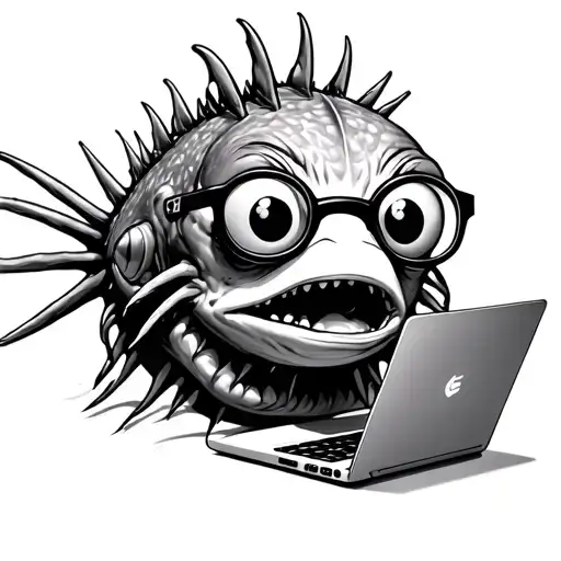 Angler Fish Wearing Glasses Using A Laptop