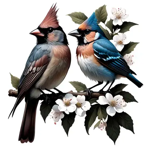 A Cardinal And Eastern Bluebird Sitting On A Flowering Branch