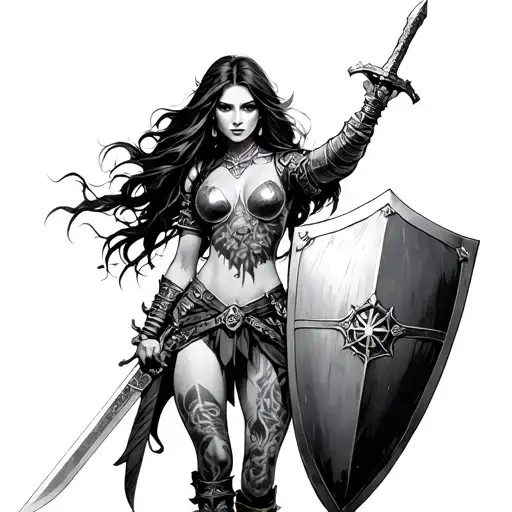 Female Warrior Holdin Sword And Sheild