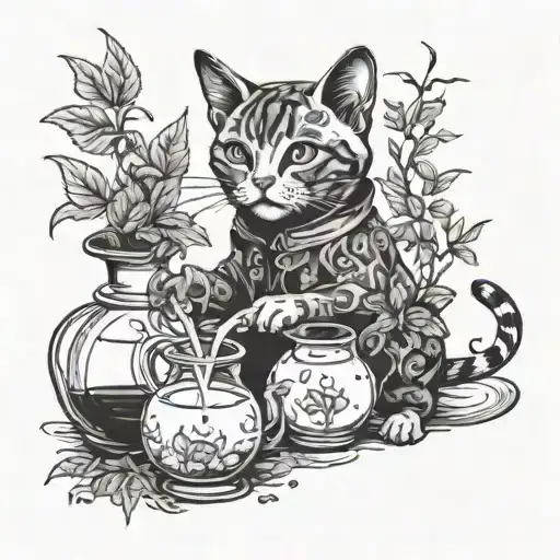 A Pharmacist Cat Mixing Potions With A Background Of Tea Leaves And Weed Plants
