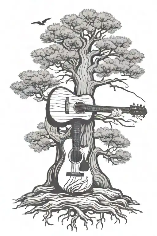 Ponderosa Pine Tree With Roots Deep Forming Around An Acoustic Guitar