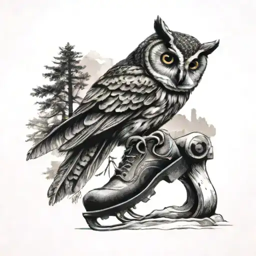 A Black-grey Tattoo Of An Owl Perched On A Hiking Boot