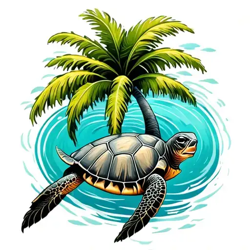 Palm Tree And Turtle Swimming Gracefully