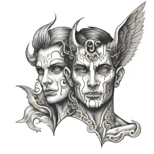 Two Faces In The Style Of Half In Half Angel And Devil Black And White Drawing