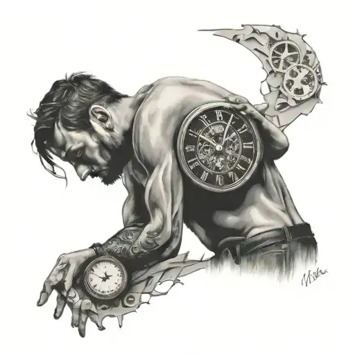 Man Holding And Contemplating A Broken Clock With The Numbers Floating Away