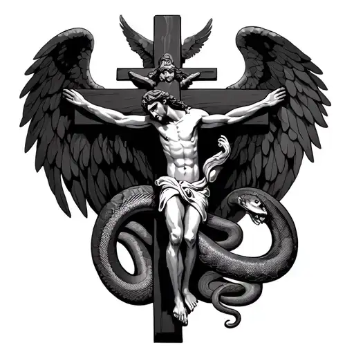 Jesus On The Cross With A Snake And Angel Above Him