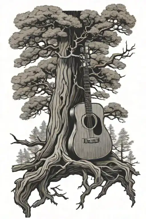 Ponderosa Pine Tree With Roots Forming Around An Acoustic Guitar
