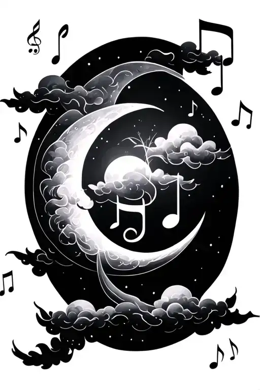 Music Notes And Clouds Intertwined Within With A Crescent Moon