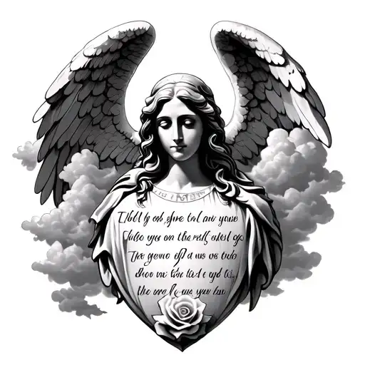 Rose At Wrist Stone Angel Above With Clouds Around It And A Bible Verse