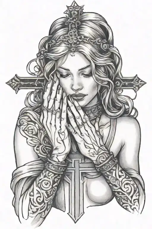 Woman Praying With Cross Necklace Wrapped Around Hand