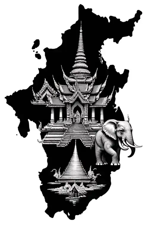 Map Of Thailand With Longtail And Elephant And Temple Inside The Map