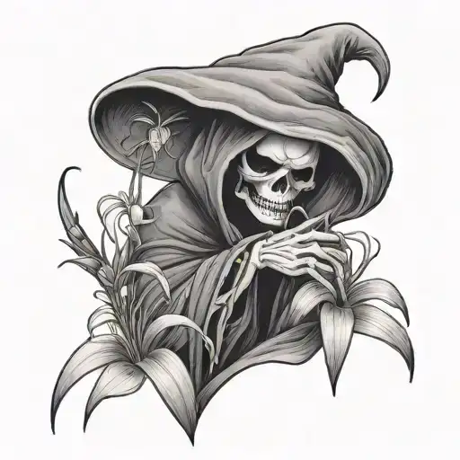 A Photorealistic Small Cute Grim Reaper Looking At And Holding A Tiny Spider Lily