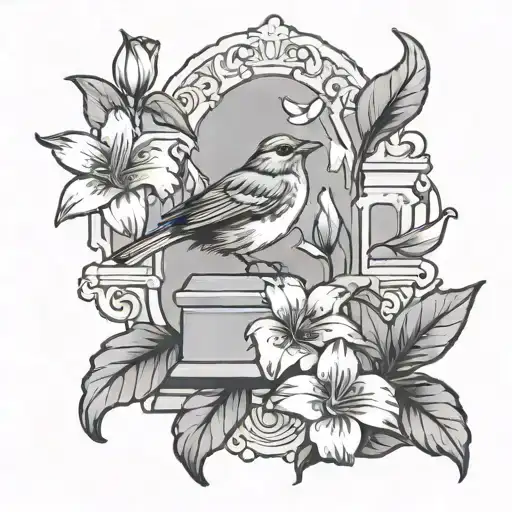 Traditional Gravestone With A Lily Flower And A Robin Perched On Top Of The Gravestone